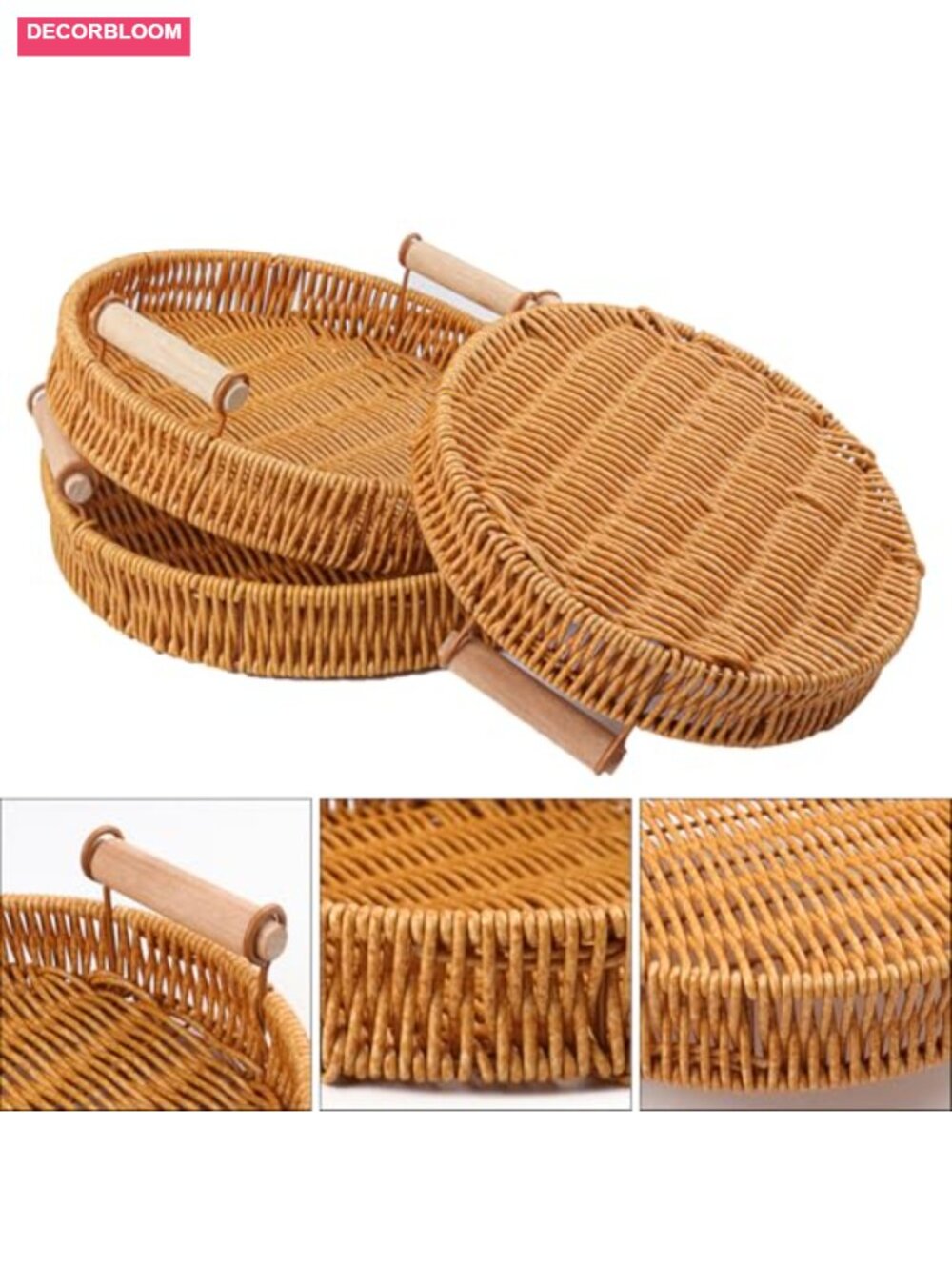 3 Pack Round Rattan Serving Trays with Handles Woven Baskets for Home - Picture 3 of 6